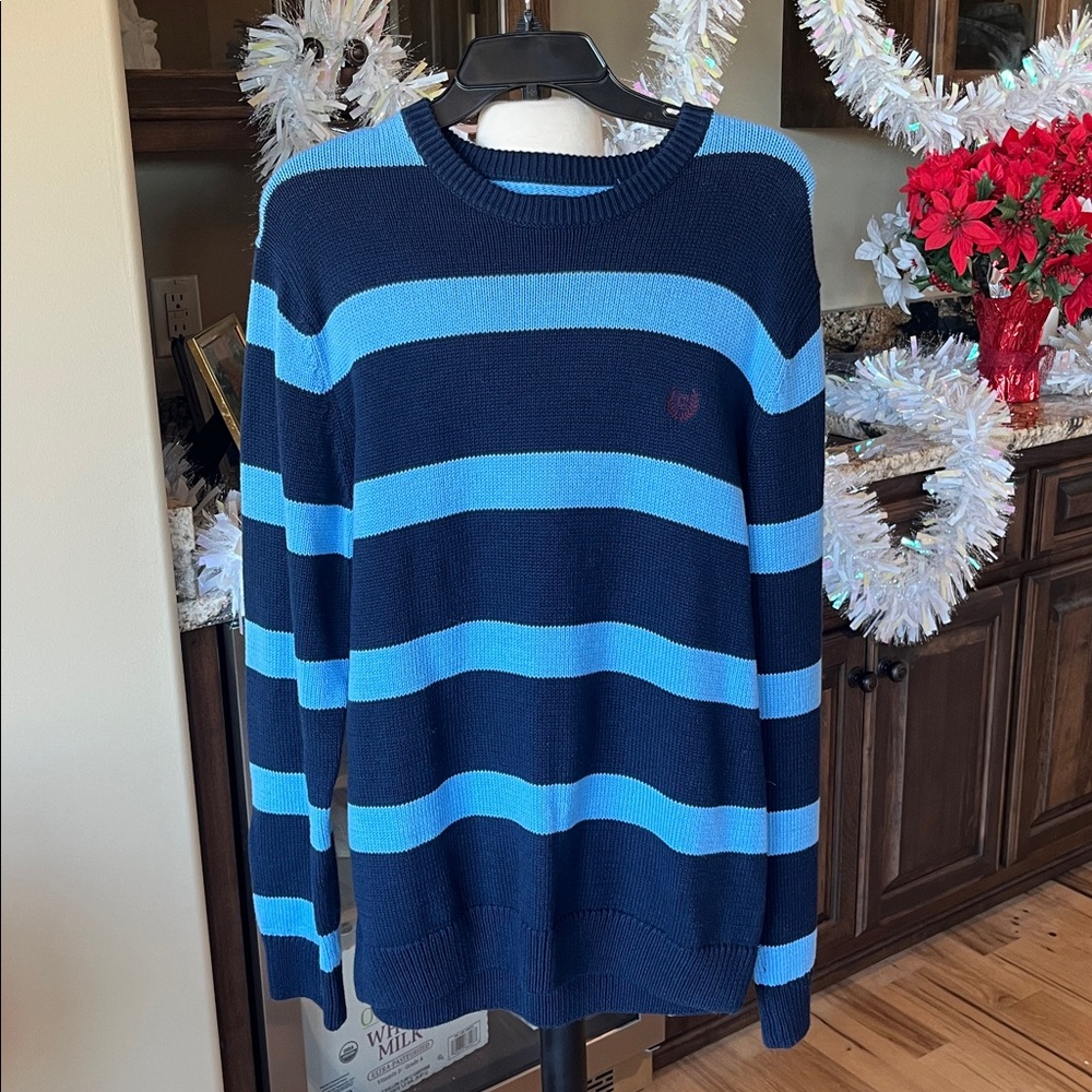 Chaps All Cotton Baby Blue Navy Striped Crewneck Mens Medium